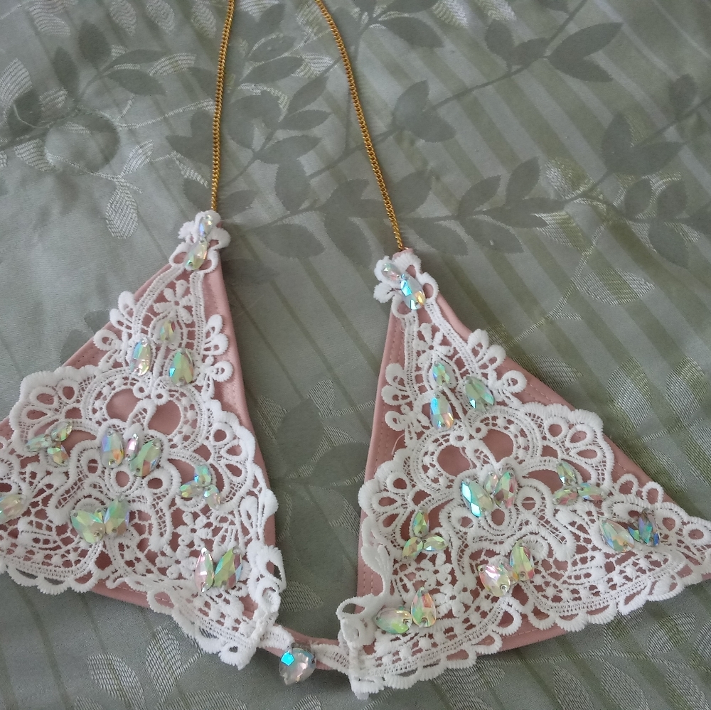 White Lace Nude Rhinestone bikini